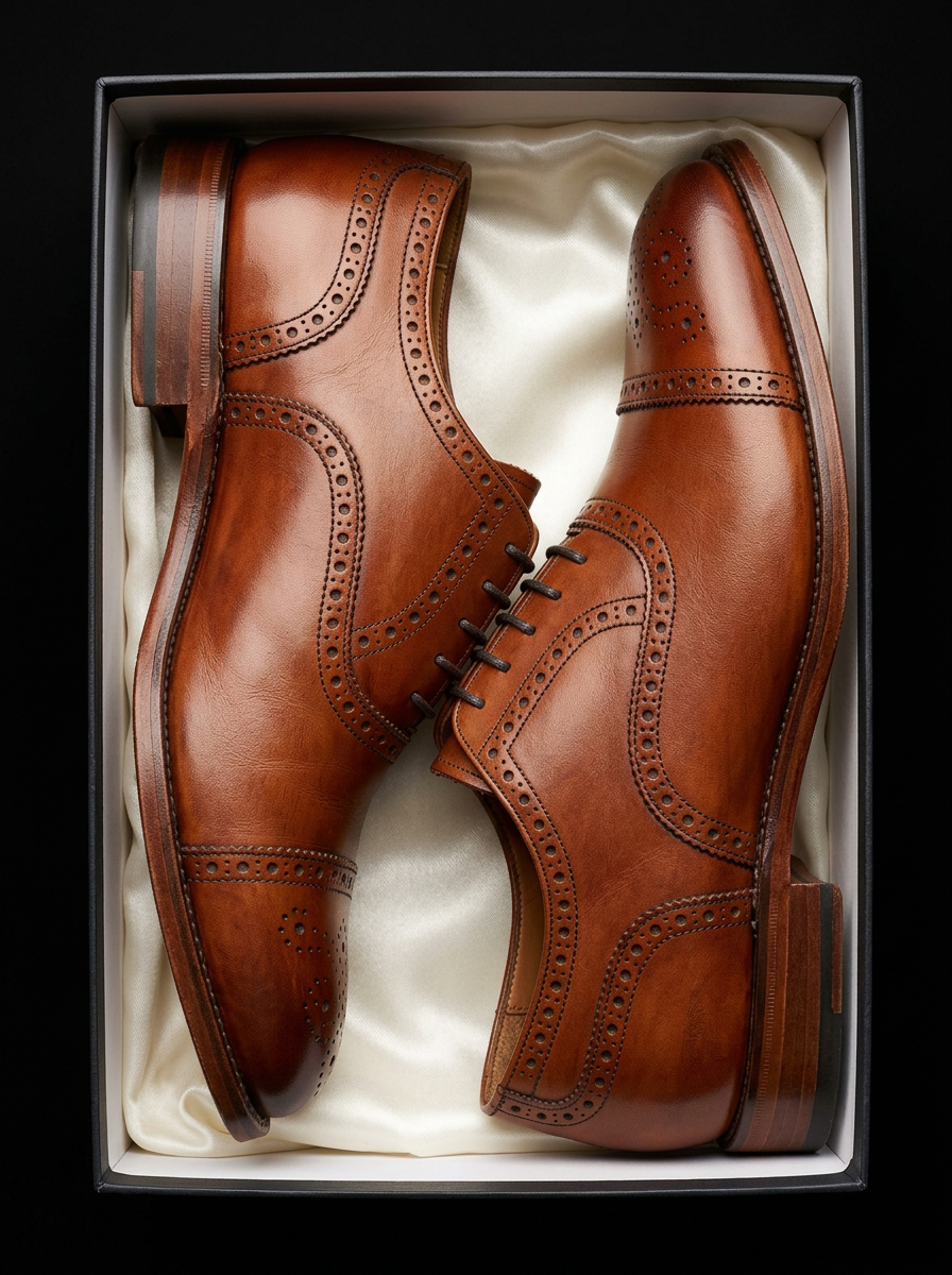 Bliss Shoes — hand-finished pair of cognac brogue oxfords resting inside the box
